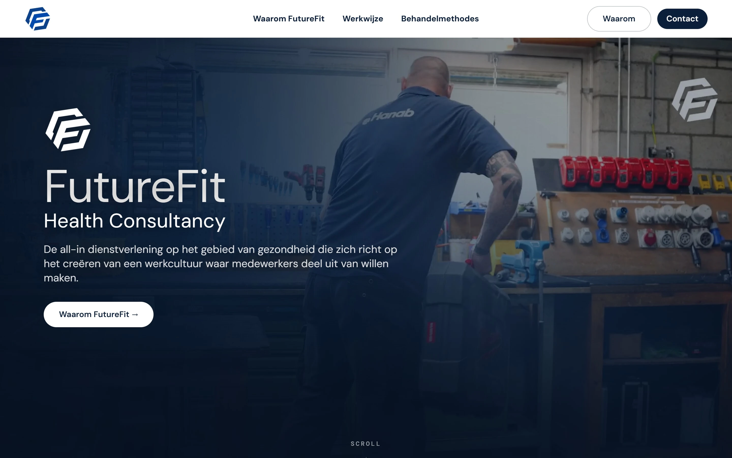 Homepage van futurefithealthconsultancy.nl met een video van een medewerker aan de werkbank in een werkplaats en de kop FutureFit Health Consultancy, met daarnaast de mobiele weergave van een quote van een meewerkend voorman en een video van hem op het terrein van zijn bedrijf.