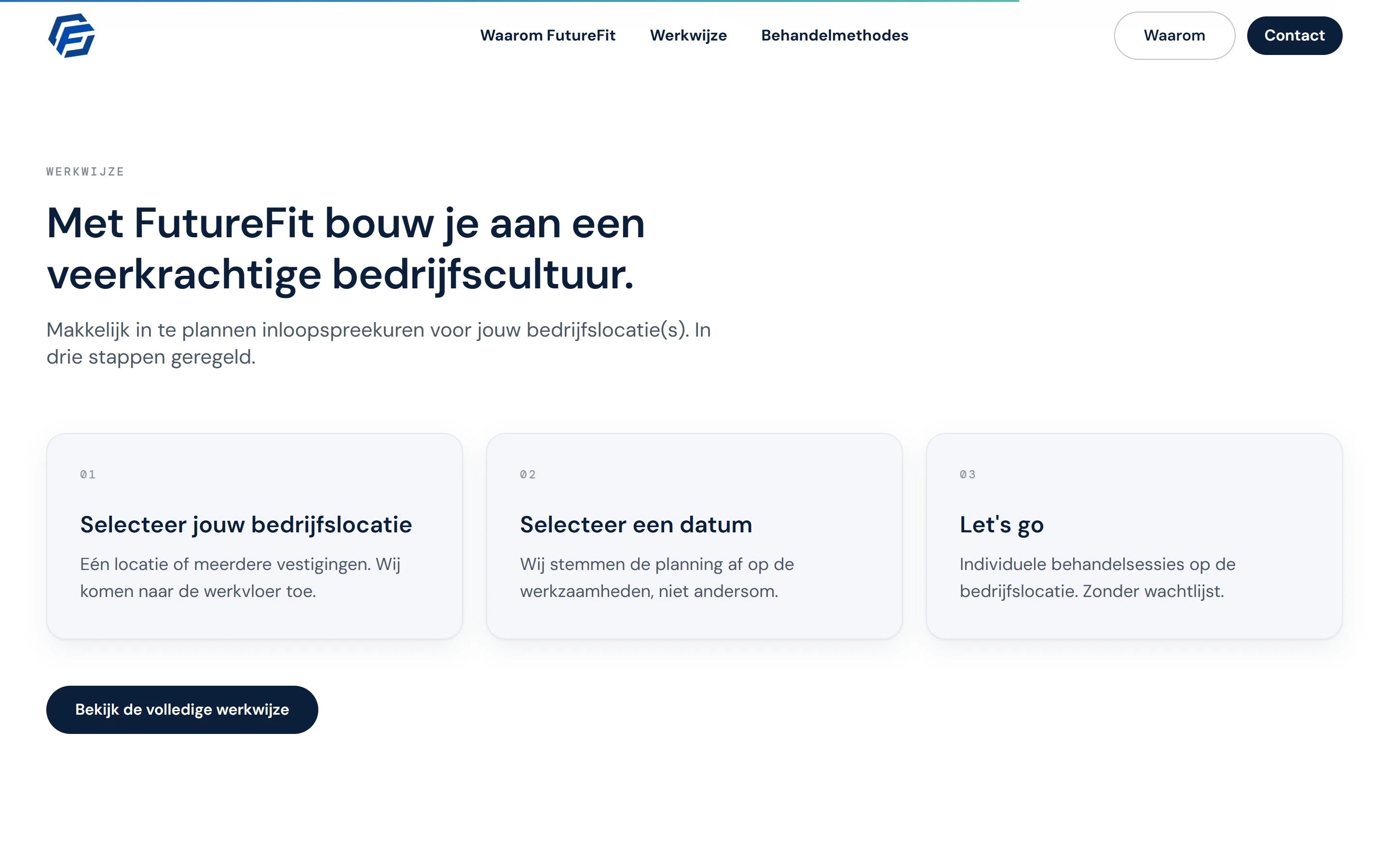 Sectie Werkwijze met de kop Met FutureFit bouw je aan een veerkrachtige bedrijfscultuur en drie genummerde stappen om een inloopspreekuur te plannen.